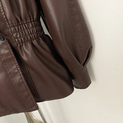 Faux Leather Jacket with Cinched Waist and High Neck Top