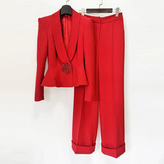 Red Beaded Short Blazer and Wide Leg Pant Set