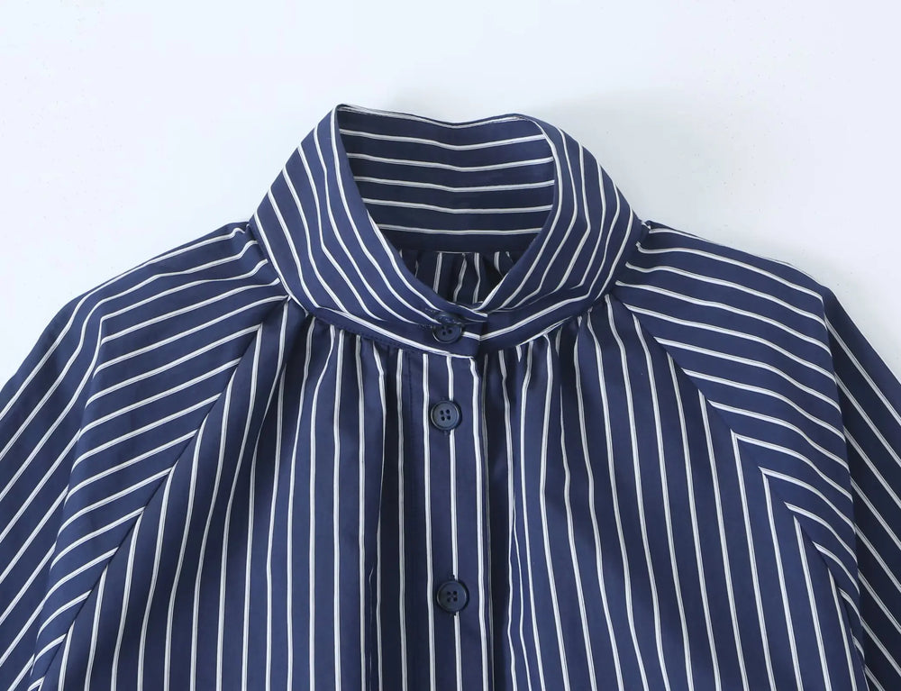 Striped stand collar button front blouse collar detail