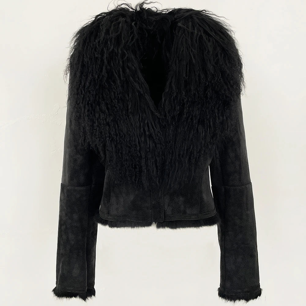 Black faux fur jacket on a white background