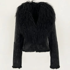 Black faux fur jacket on a white background