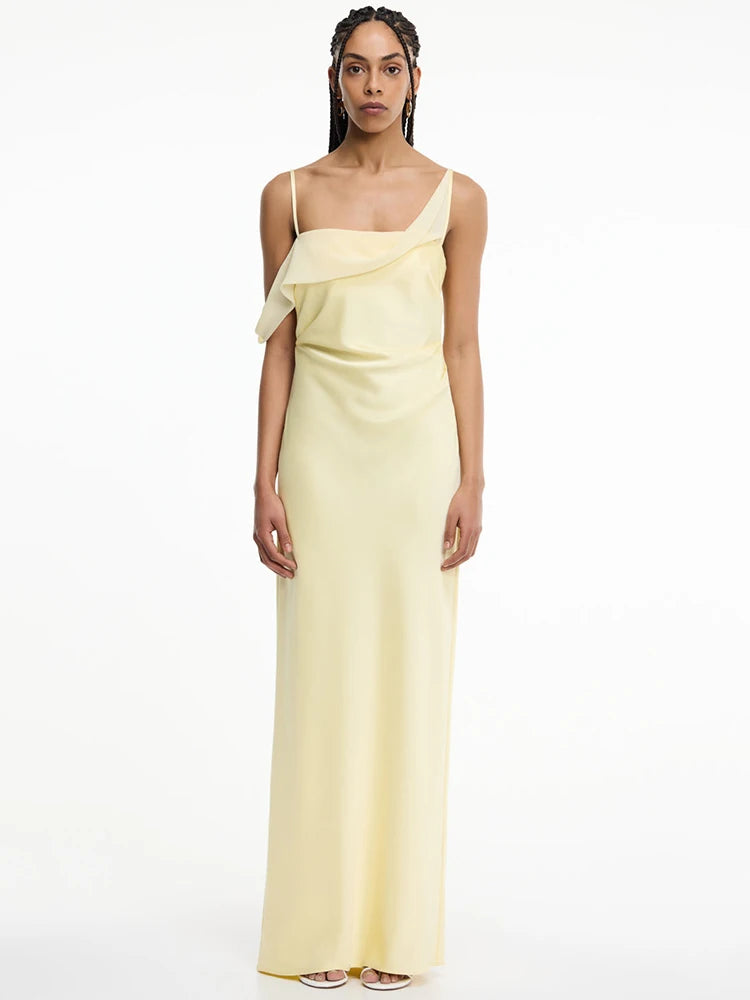 Draped one-shoulder maxi dress in pale yellow