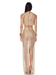 Cropped top and maxi skirt two-piece set with grid pattern