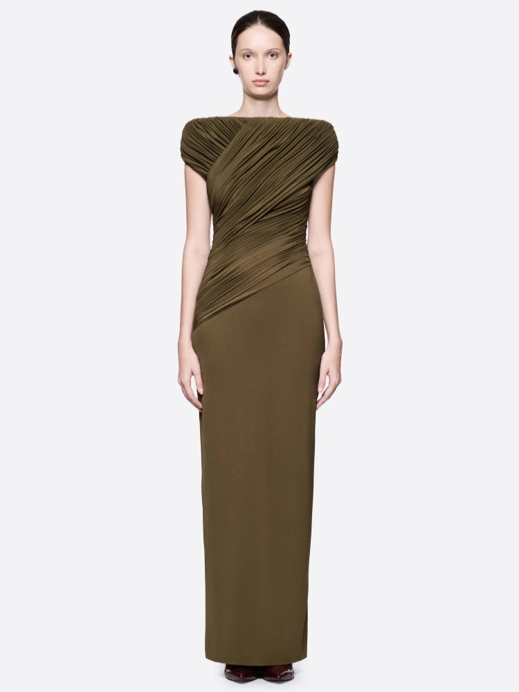 Draped Fold Detail Cap Sleeve Maxi Dress in army green