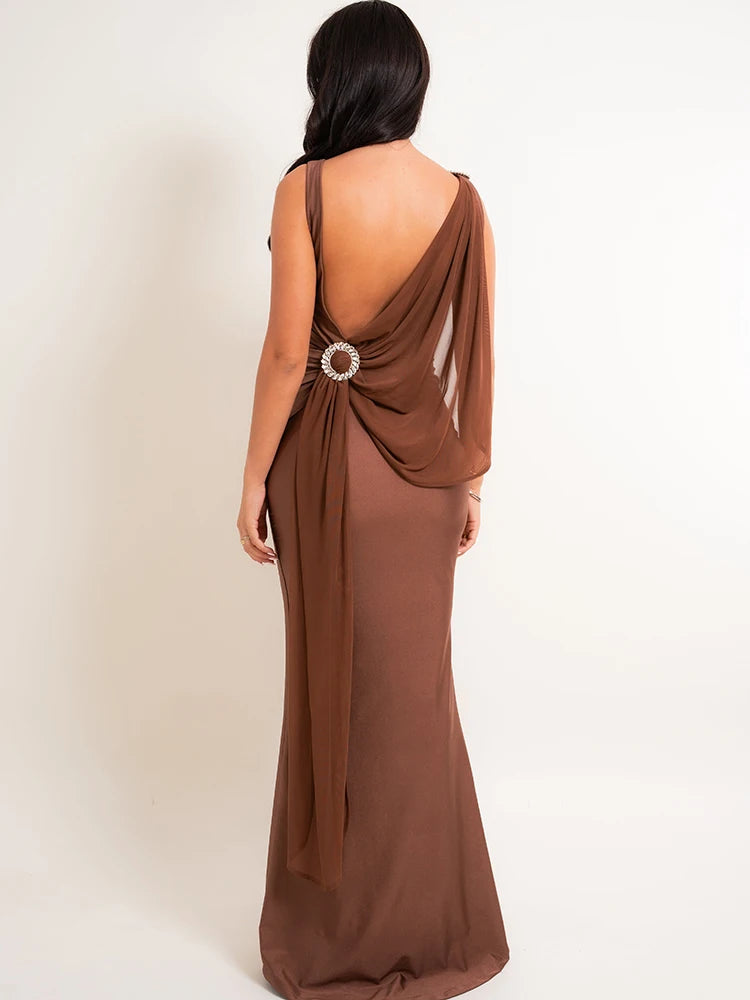 Draped one-shoulder maxi dress in red