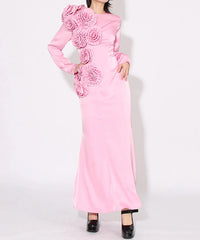 Pink Satin Long Dress 3D Flowers Formal Party Gown For Women