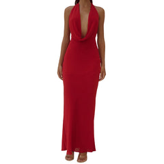 Red halter neck gown on a white background