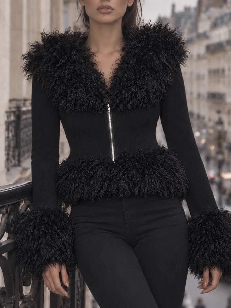 Black faux fur trimmed knit zip front top with pants