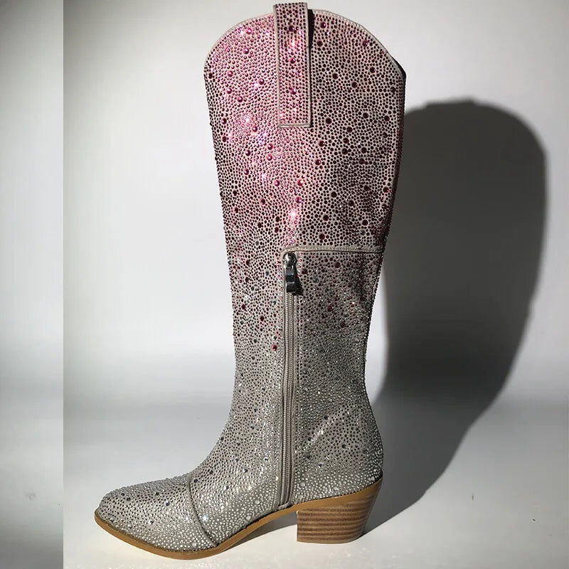Silver glittery boot with a wooden sole on a white background