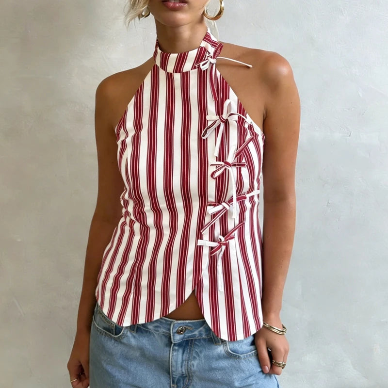 Red and white striped sleeveless top with lace-up design