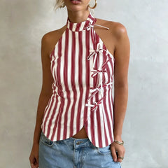 Red and white striped sleeveless top with lace-up design