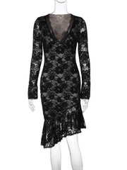 Black Lace V-Neck Long Sleeve Midi Dress