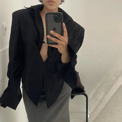 Plaid Draped Open-Neck Long Sleeve Crop Shirt