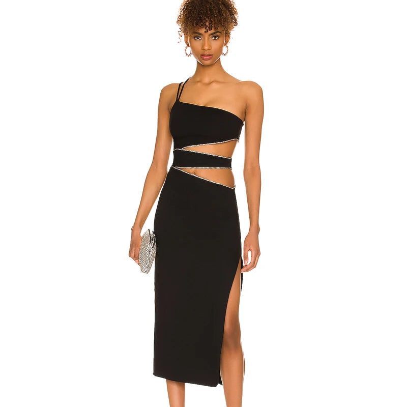 Black one-shoulder midi dress with diamond chain cutouts and side slit