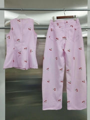 Cherry Print Peplum Top and Wide Leg Pants Set