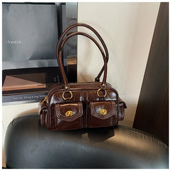 Microfiber Leather Vintage Pocket Satchel – Black & Burgundy