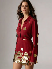 Burgundy long sleeve shirt with gold sequins and matching mini skirt