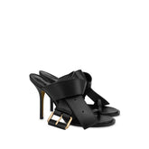 Black buckle strap stiletto mule with gold buckle