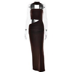 Brown strapless maxi dress with a side cutout and halter neck displayed on a mannequin against a white background.