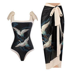 Tie-Strap V-Neck One-Piece Swimsuit with Matching Sarong Set