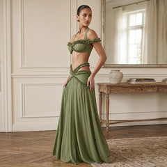 Halter Ruffle Crop Top and Cutout Maxi Skirt