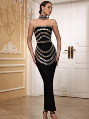 Black strapless beaded maxi dress.