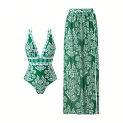 One-Shoulder Swimsuit with Oversized Flower Detail and Matching Printed Sarong Set
