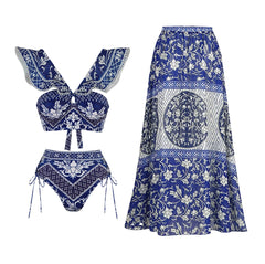 V-Neck Tie-Strap Swimsuit and Wrap Skirt Set