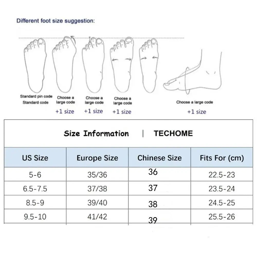 Size chart for shoes with foot illustrations and size information for TECHHOME brand.
