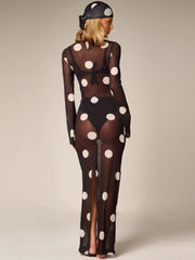 Polka dot mesh maxi dress back view