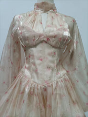 Pink Floral Puff Sleeve High Neck Scarf Mini Dress