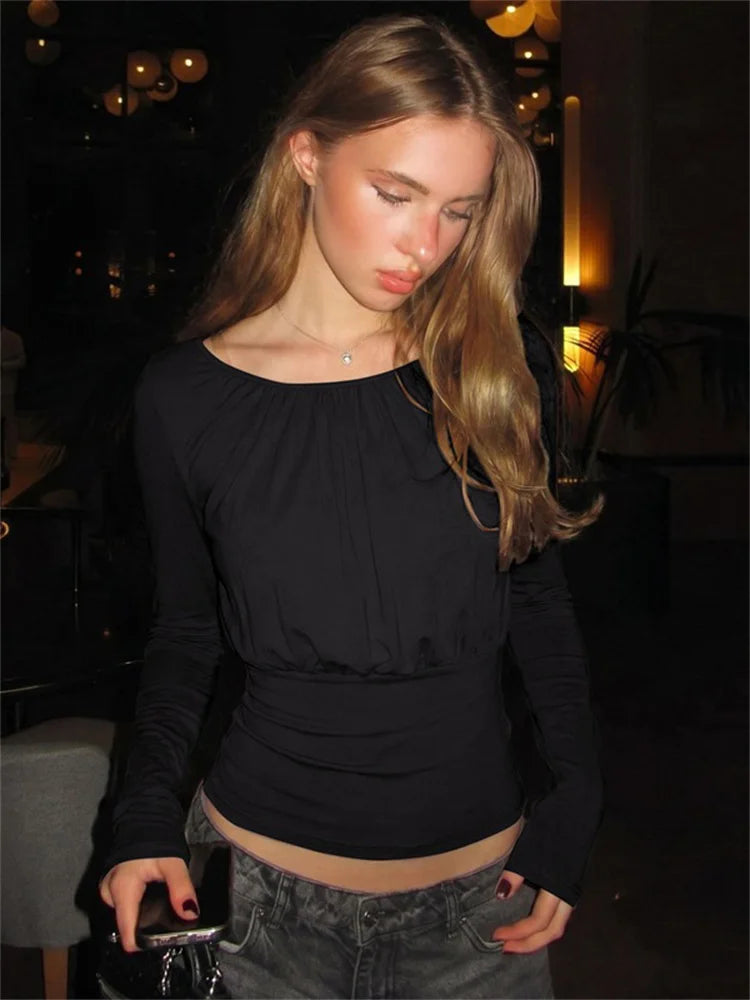 Ruched neck long sleeve top in black