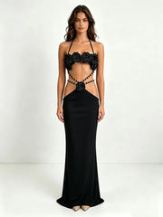 Halter neck floral maxi dress front view