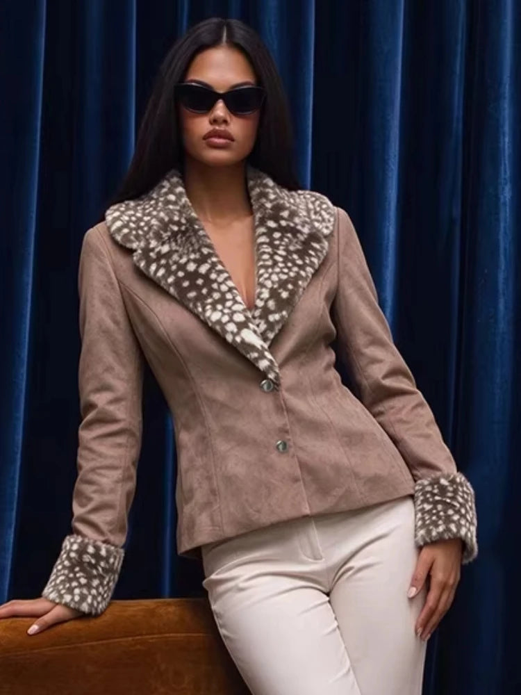 Brown animal print fur trim jacket