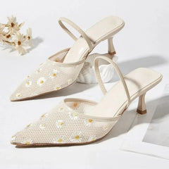 Daisy embroidered mesh slingback heels in beige