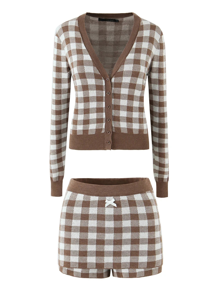 Brown and white checkered cardigan and shorts set on a white background