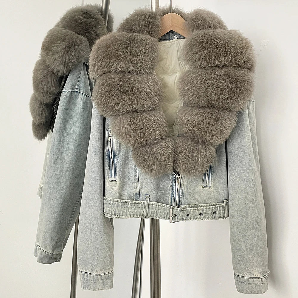 Denim jacket with grey fur trim