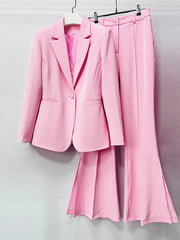 Pink single button blazer and split flare pants hanging