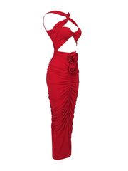 Red Cut-Out Bodycon Midi Dress with Ruched Flower Detail