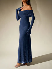 Navy blue off-shoulder long-sleeve dress on a neutral background