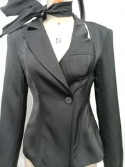 Black Bow Scarf Collar Hollow Out Lapel Collar Blazer