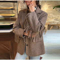 Fringe Sleeve Wool-Blend Tassel Blazer Coat