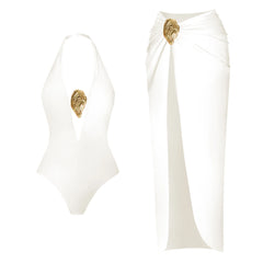 Halter Neck Plunge One-Piece Swimsuit and High-Slit Wrap Skirt Set