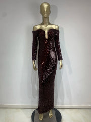 Burgundy Off Shoulder Mesh Sequin Maxi Gown