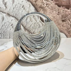Silver crystal fringe hard case minaudiere clutch with circular handle