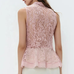 Lace Sheer Stand Collar Sleeveless Peplum Top