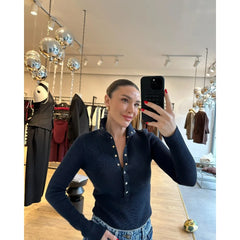 High-Neck Button-Up Ribbed Knit Top