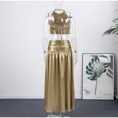 Golden High Neck Crop Top and Maxi Skirt Set