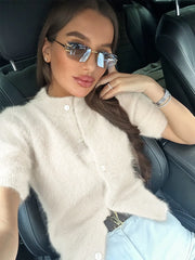 Mock Neck Puff Sleeve Fuzzy Top