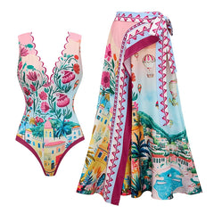 One piece swimsuit and matching wrap skirt displayed together